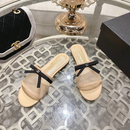 CC 26s Chunky Heel Sandals Beige Mesh Sheepskin 627068