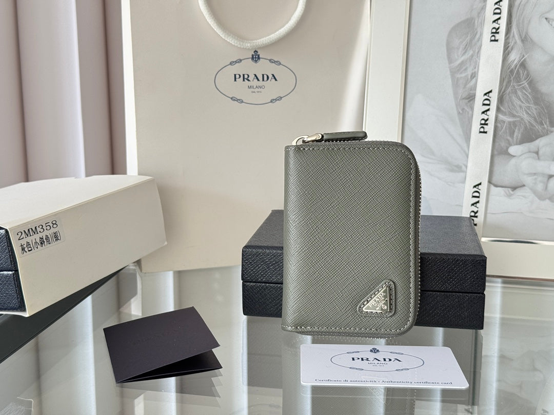 Prada 2026 Cardholder Zipper Bag 10cm Logo Silver Calfskin