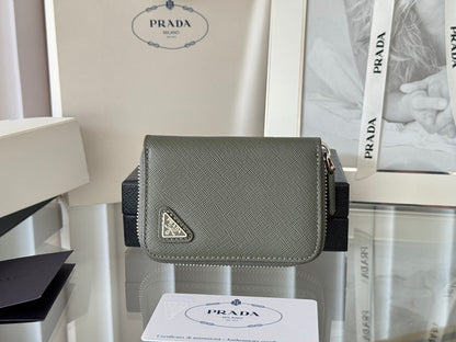 Prada 2026 Cardholder Zipper Bag 10cm Logo Silver Calfskin