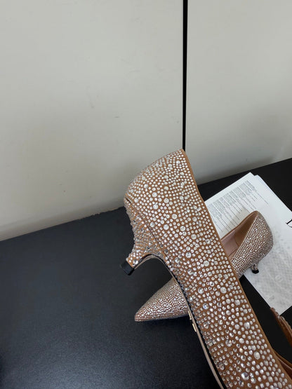 CD Heel Pointed Toe Rhinestone Slignback 3.5 Gold Suede 619566