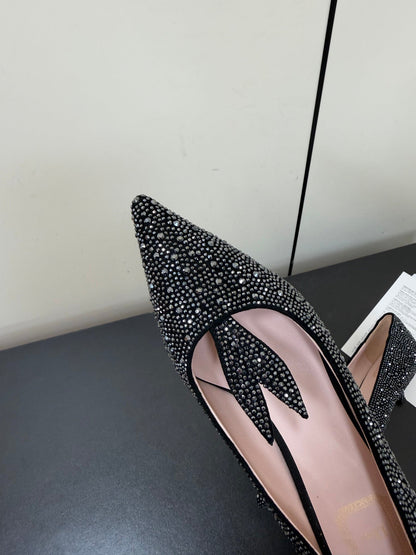 CD Heel Pointed Toe Rhinestone Slignback 3.5 Black Suede 619567