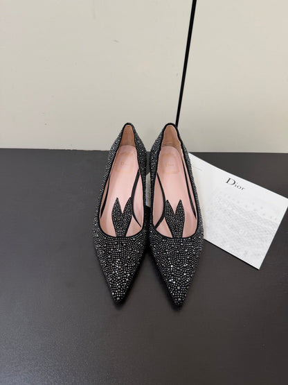 CD Heel Pointed Toe Rhinestone Slignback 3.5 Black Suede 619567