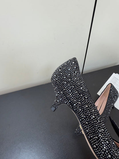 CD Heel Pointed Toe Rhinestone Slignback 3.5 Black Suede 619567
