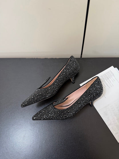 CD Heel Pointed Toe Rhinestone Slignback 3.5 Black Suede 619567
