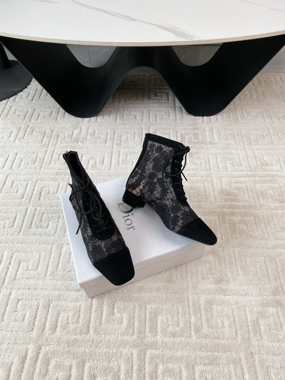 CD Naughtily-D Heeled Ankle Boot Black Transparent Mesh Roses Embroidery And Suede