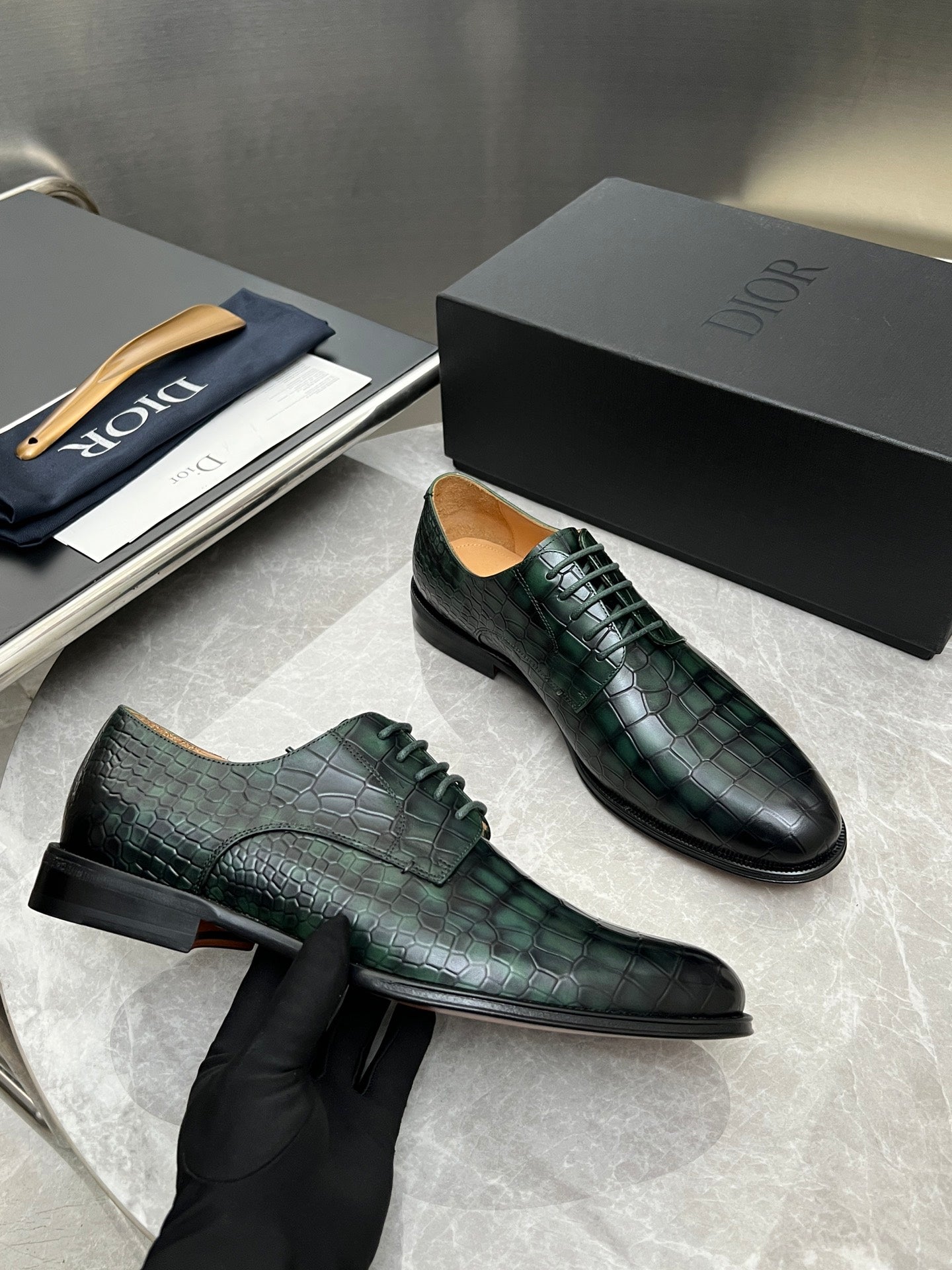 CD Timeless Derby Men’s Loafer Green Crocodile-Embossed Pattern