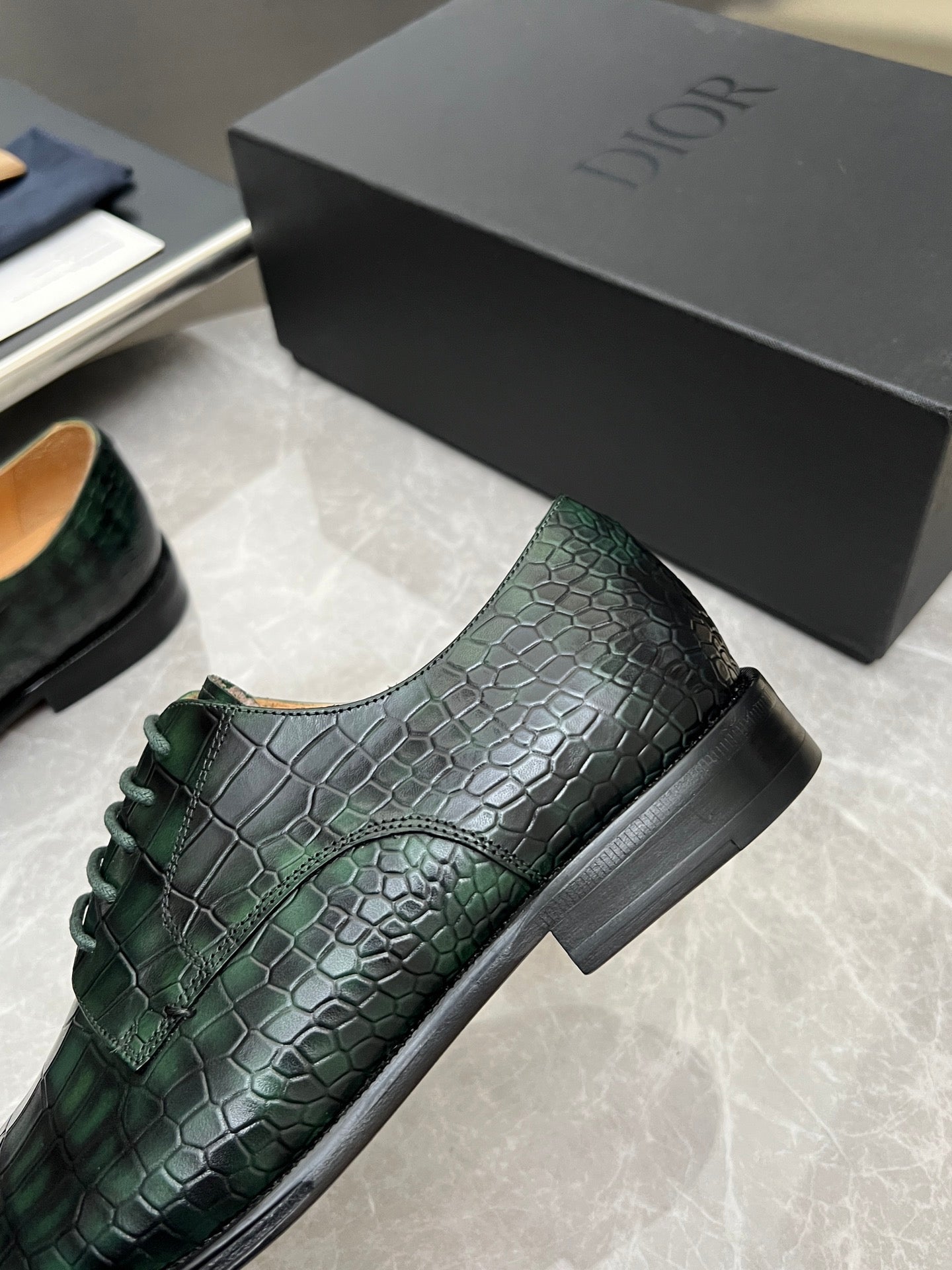 CD Timeless Derby Men’s Loafer Green Crocodile-Embossed Pattern
