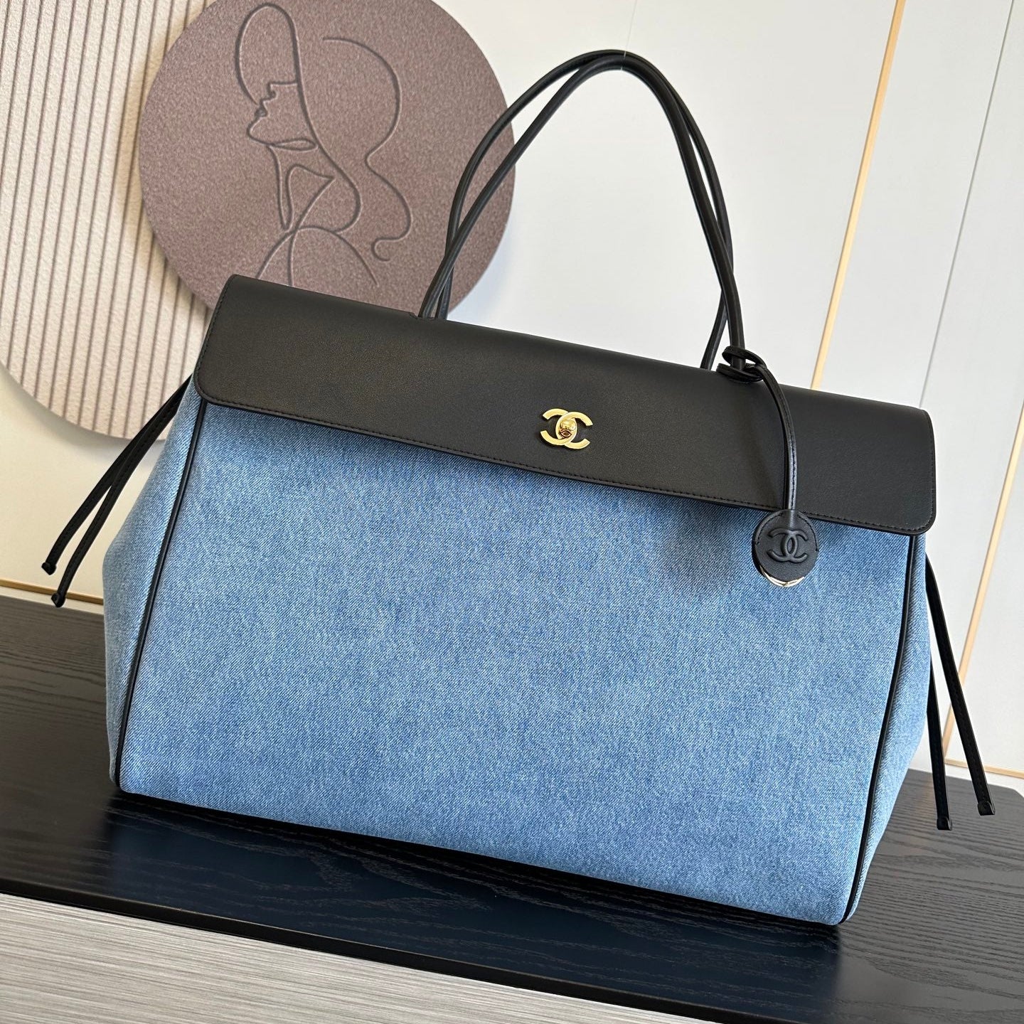 Chanel 2026 Shopping Bag 43cm Blue Black Denim Calfskin