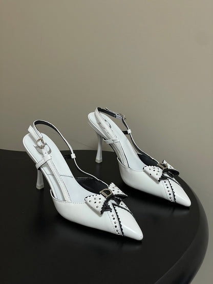 CD 26 D'Trick Slingback Heels 10cm White Bow Detail Sheepskin 632582