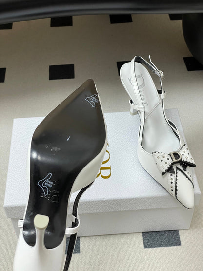 CD 26 D'Trick Slingback Heels 10cm White Bow Detail Sheepskin 632582