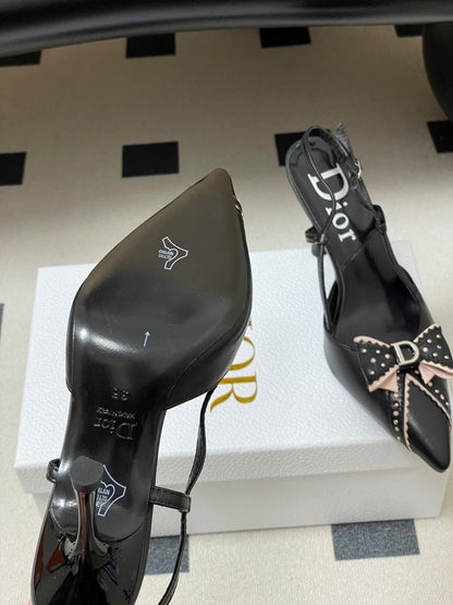 CD 26 D'Trick Slingback Heels 10cm Black Bow Detail Sheepskin 632583