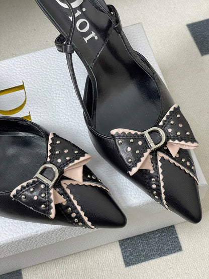 CD 26 D'Trick Slingback Heels 10cm Black Bow Detail Sheepskin 632583