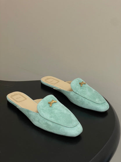 CD 26 Baby Bow Flat Mule Pistachio Green Cowhide Sheepskin Suede 632592