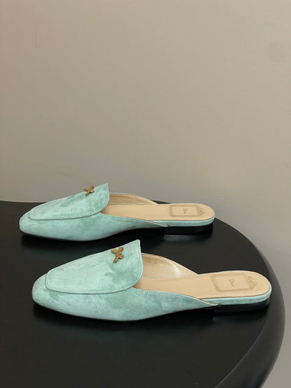 CD 26 Baby Bow Flat Mule Pistachio Green Cowhide Sheepskin Suede 632592