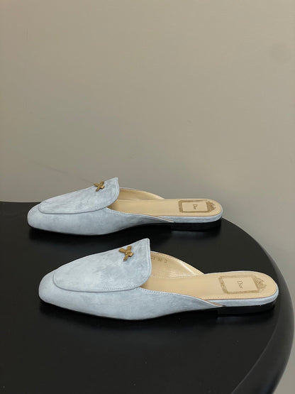 CD 26 Baby Bow Flat Mule Bleu Ciel Cowhide Sheepskin Suede 632593