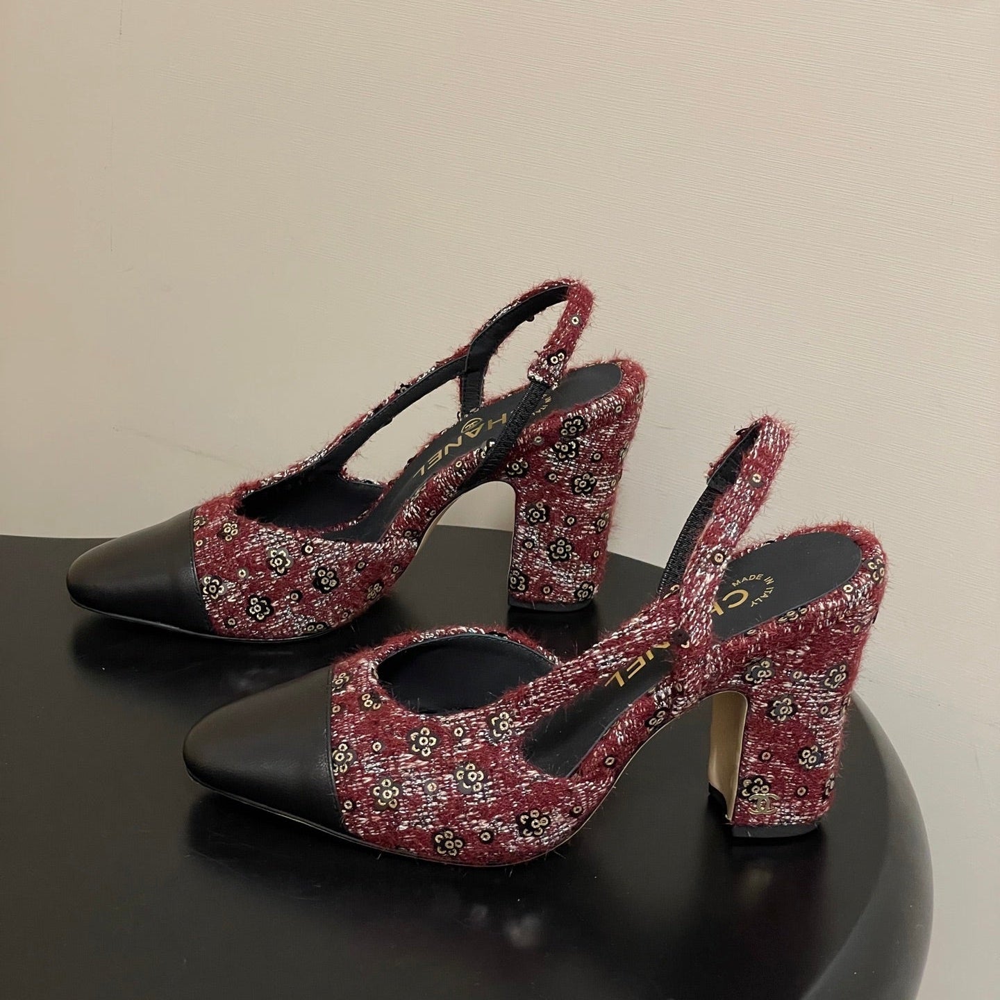 CC 26s Slingback 95 Dark Red Black Tweed Sheepskin 649422