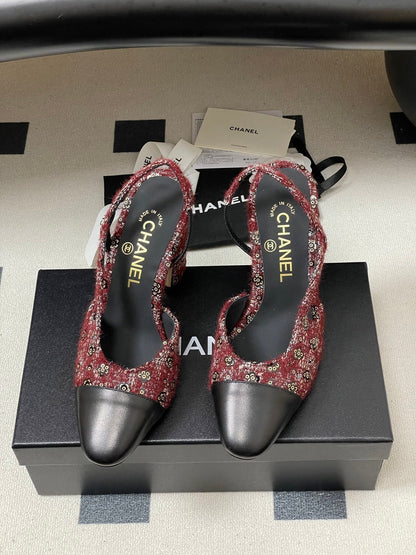 CC 26s Slingback 95 Dark Red Black Tweed Sheepskin 649422