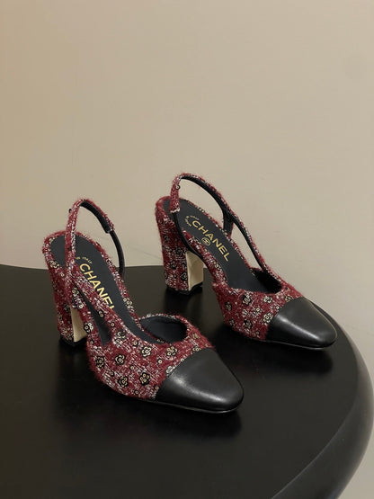 CC 26s Slingback 95 Dark Red Black Tweed Sheepskin 649422