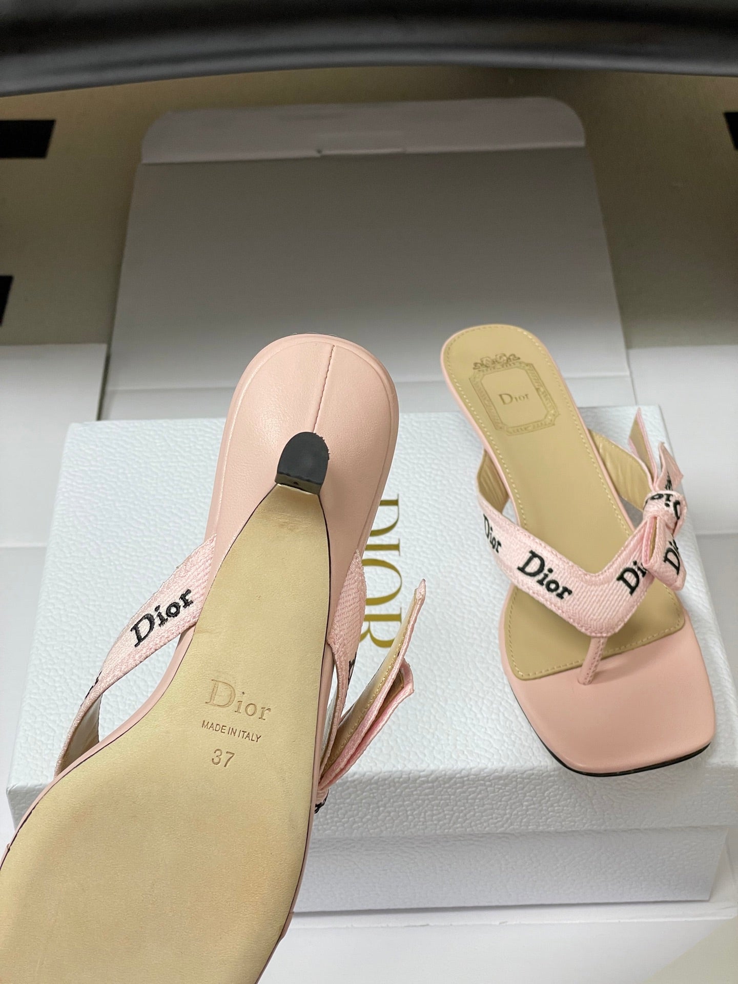 CD J'Adior Heeled Thong Sandal Pink Beige Leather 834939