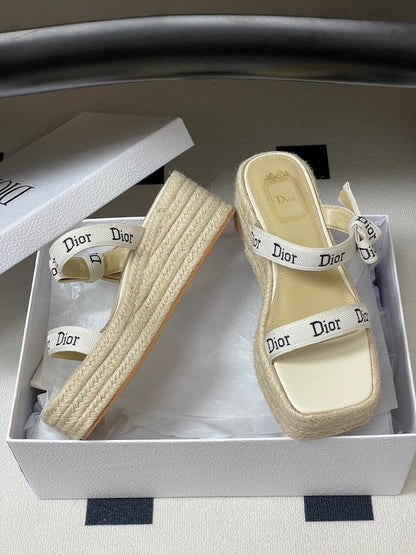 CD J'Adior Wedge Slide Straps Cream Beige Leather 834937