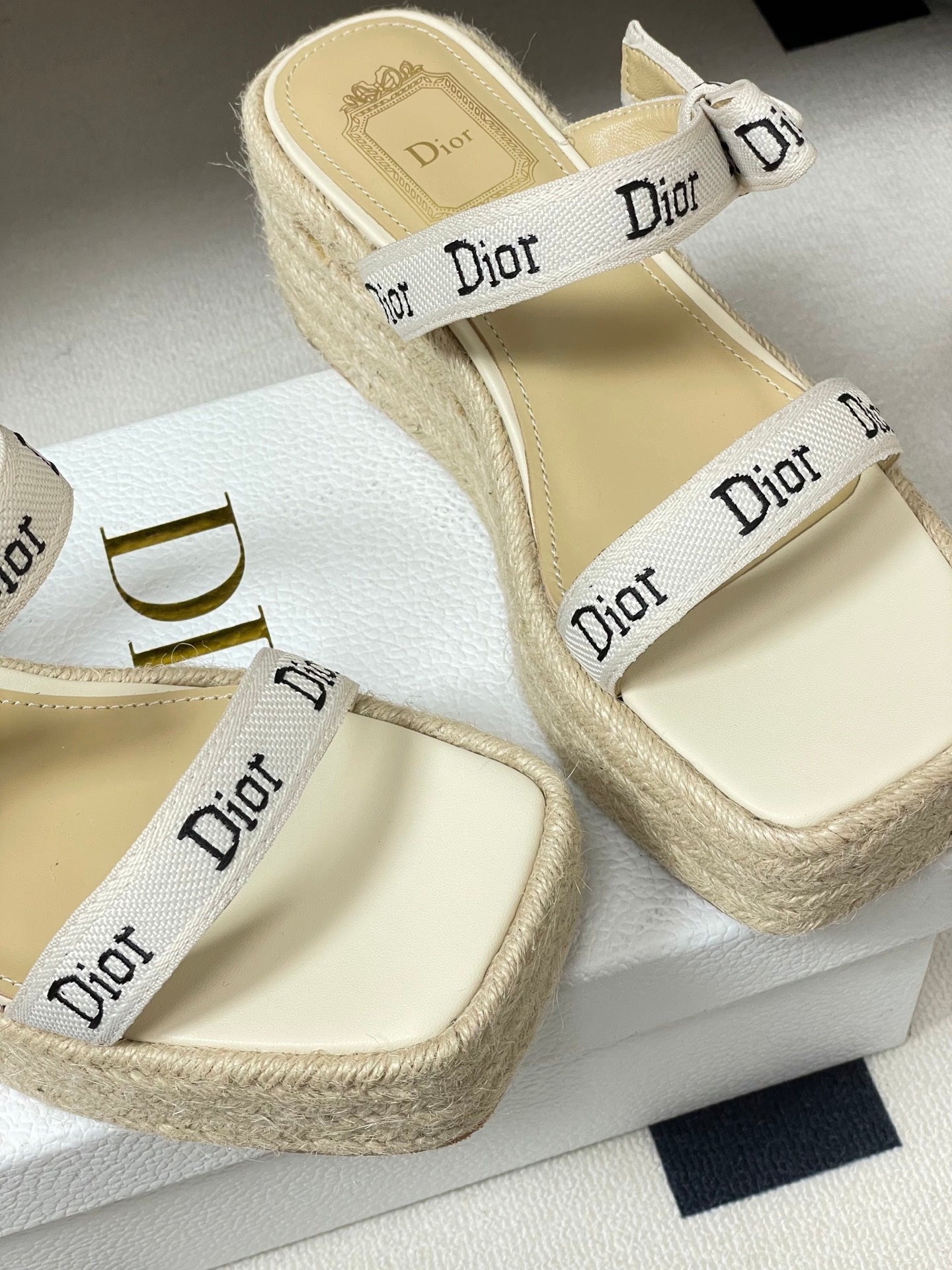 CD J'Adior Wedge Slide Straps Cream Beige Leather 834937