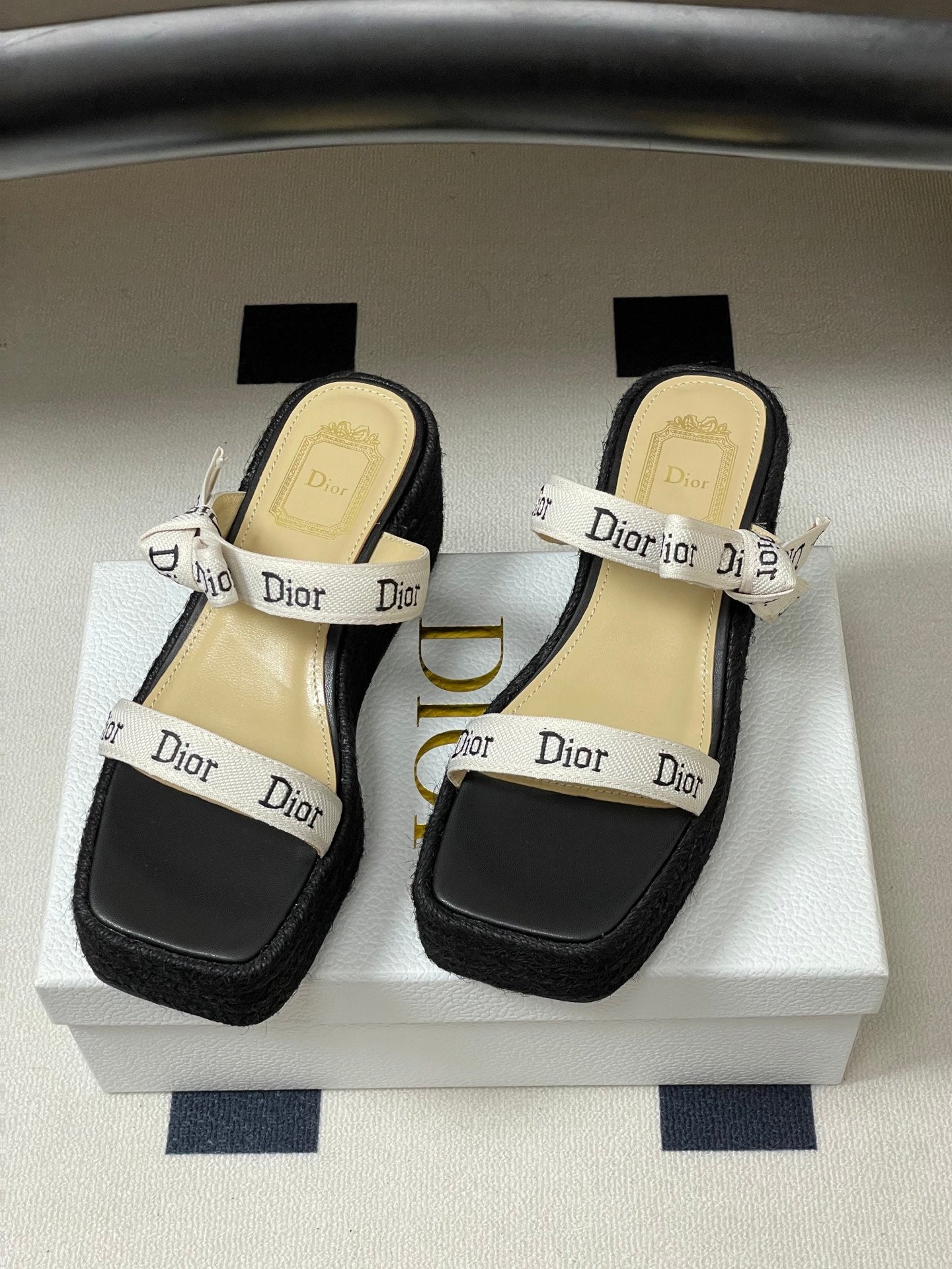CD J'Adior Wedge Slide Straps Black Beige Leather 834938