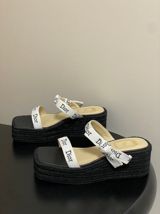 CD J'Adior Wedge Slide Straps Black Beige Leather 834938