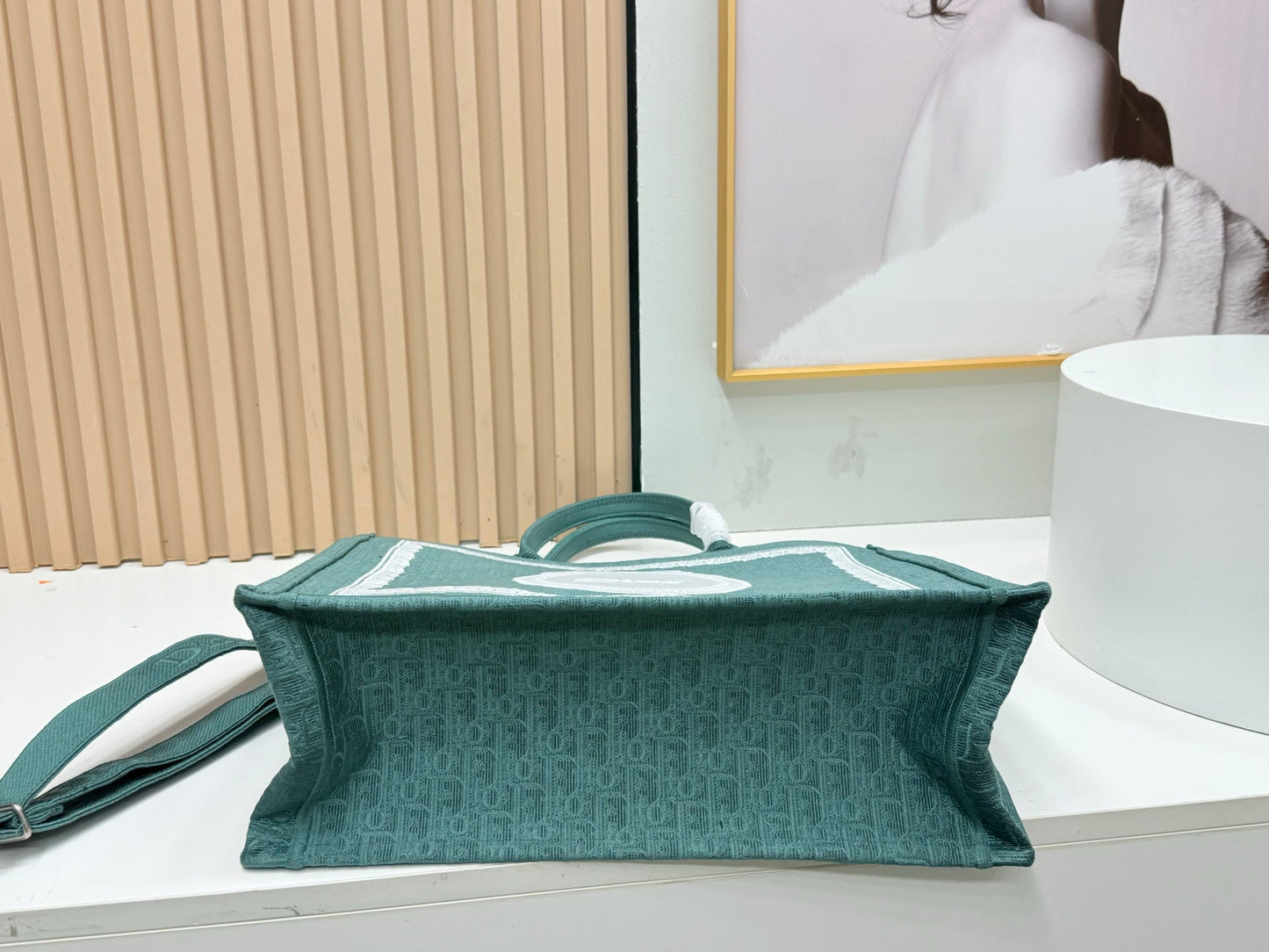 Dior Dioramour Book Tote Teal Green Dior Oblique Embroidery with White Lace