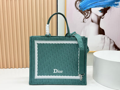 Dior Dioramour Book Tote Teal Green Dior Oblique Embroidery with White Lace