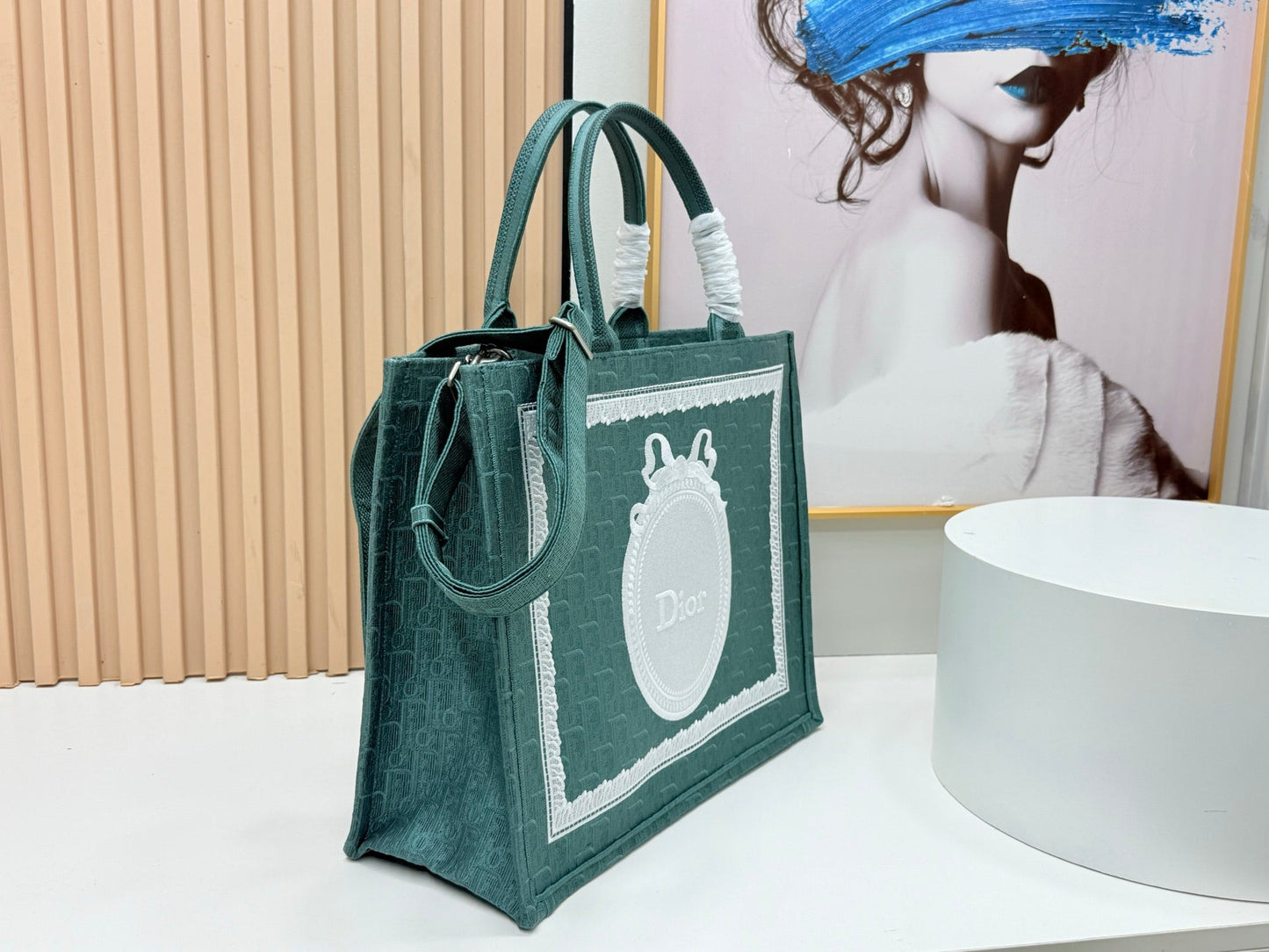 Dior Dioramour Book Tote Teal Green Dior Oblique Embroidery with White Lace