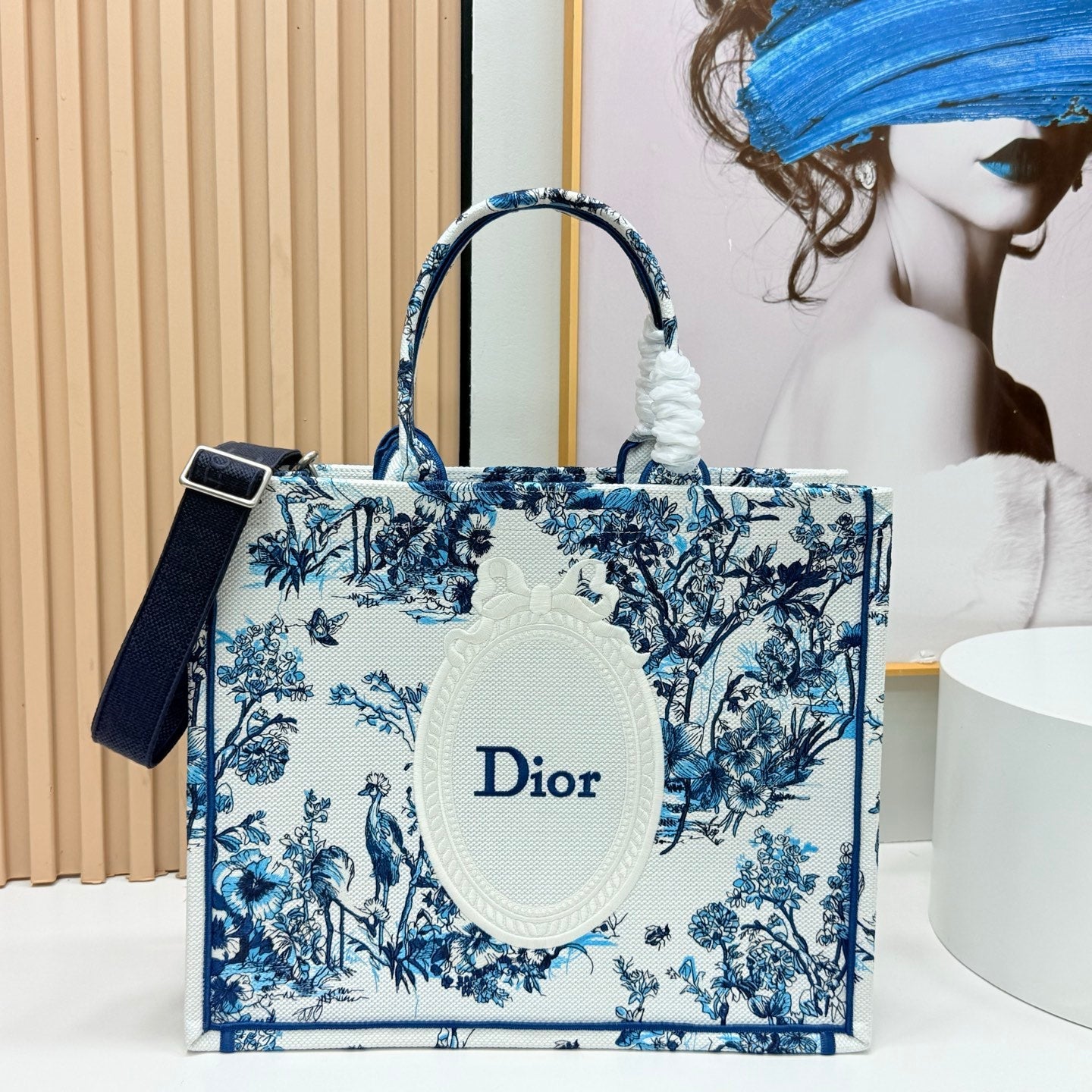 Dior Book Tote With Strap Blue Toile De Jouy Floral Garden Canvas