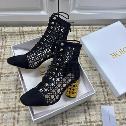 CD 26s Lace Up Ankle Boots 80mm In Black Openwork Lace Suede Gold Heel