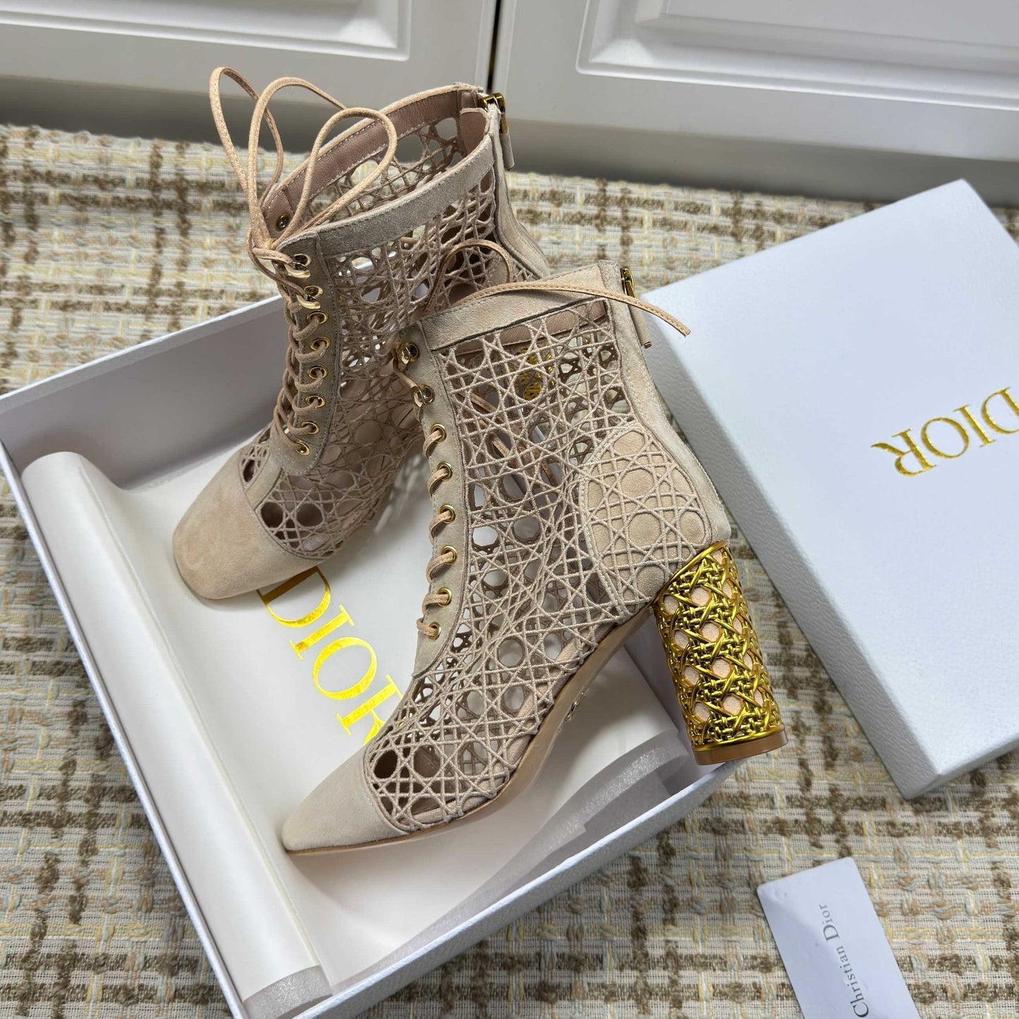 CD 26s Lace Up Ankle Boots 80mm In Beige Openwork Lace Suede Gold Heel