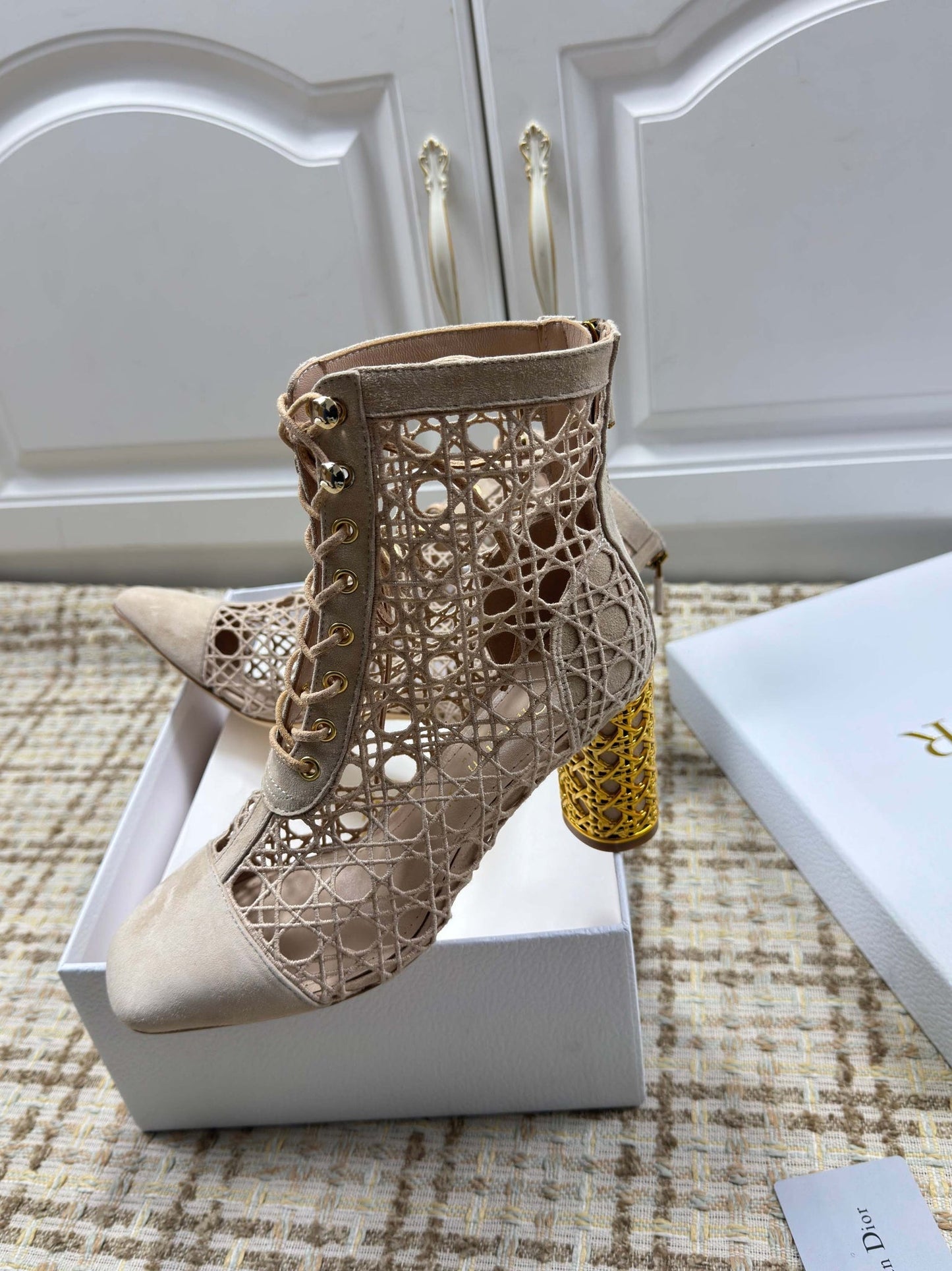 CD 26s Lace Up Ankle Boots 80mm In Beige Openwork Lace Suede Gold Heel