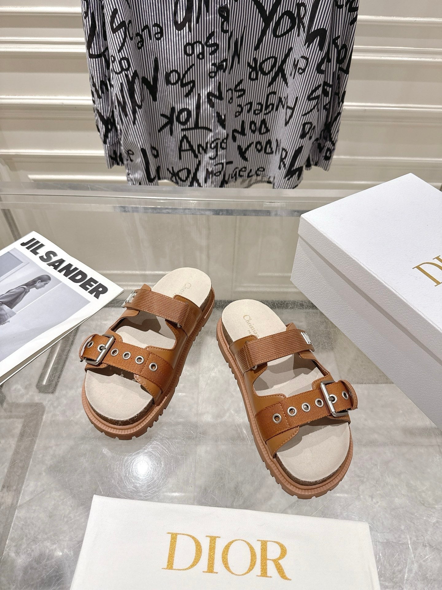 CD 26s Double-Strap Slide Sandals Tan Calfskin 919009