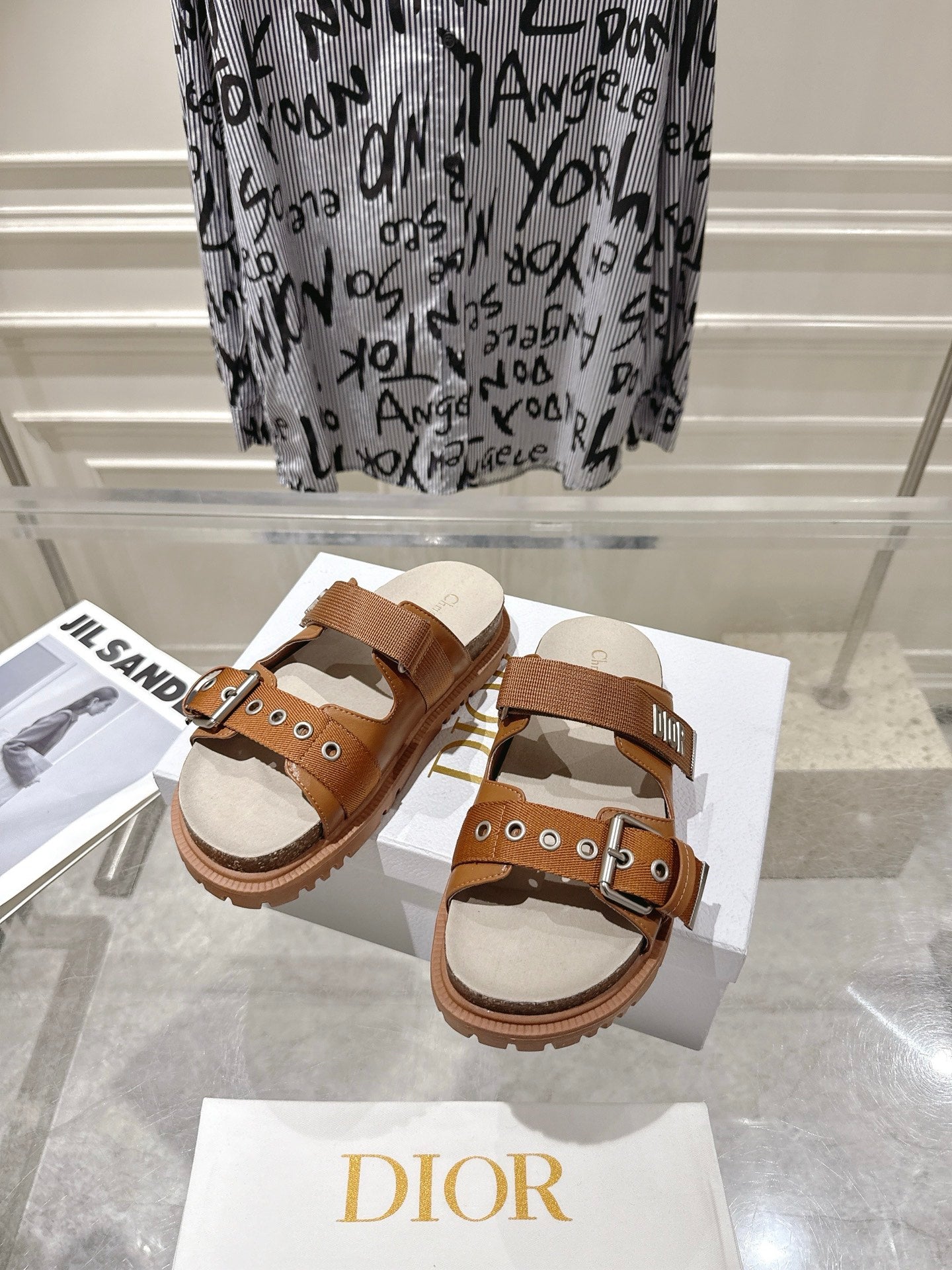 CD 26s Double-Strap Slide Sandals Tan Calfskin 919009