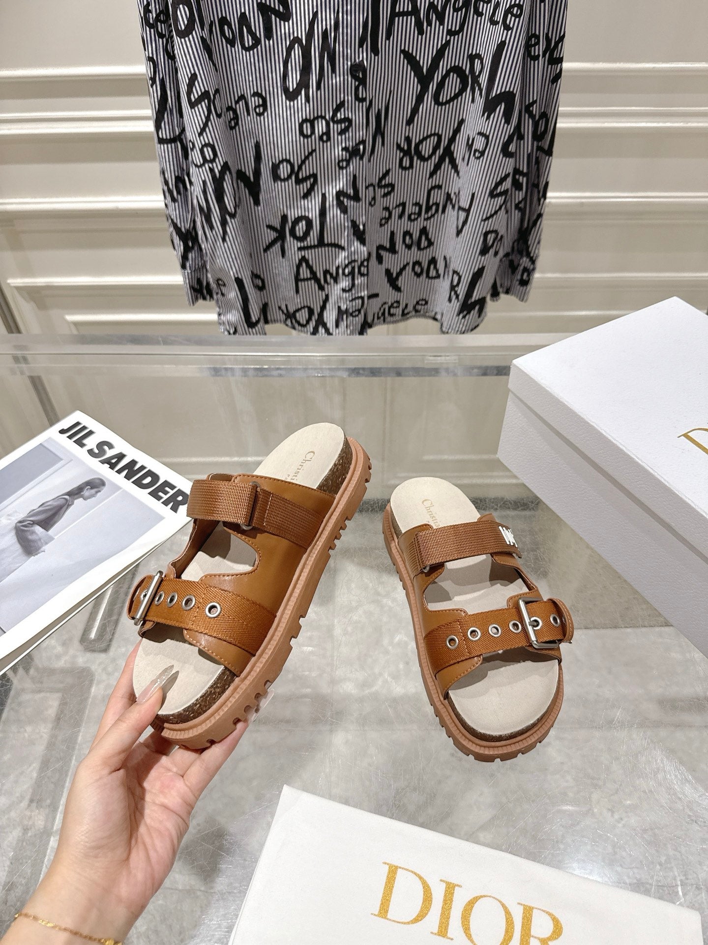 CD 26s Double-Strap Slide Sandals Tan Calfskin 919009