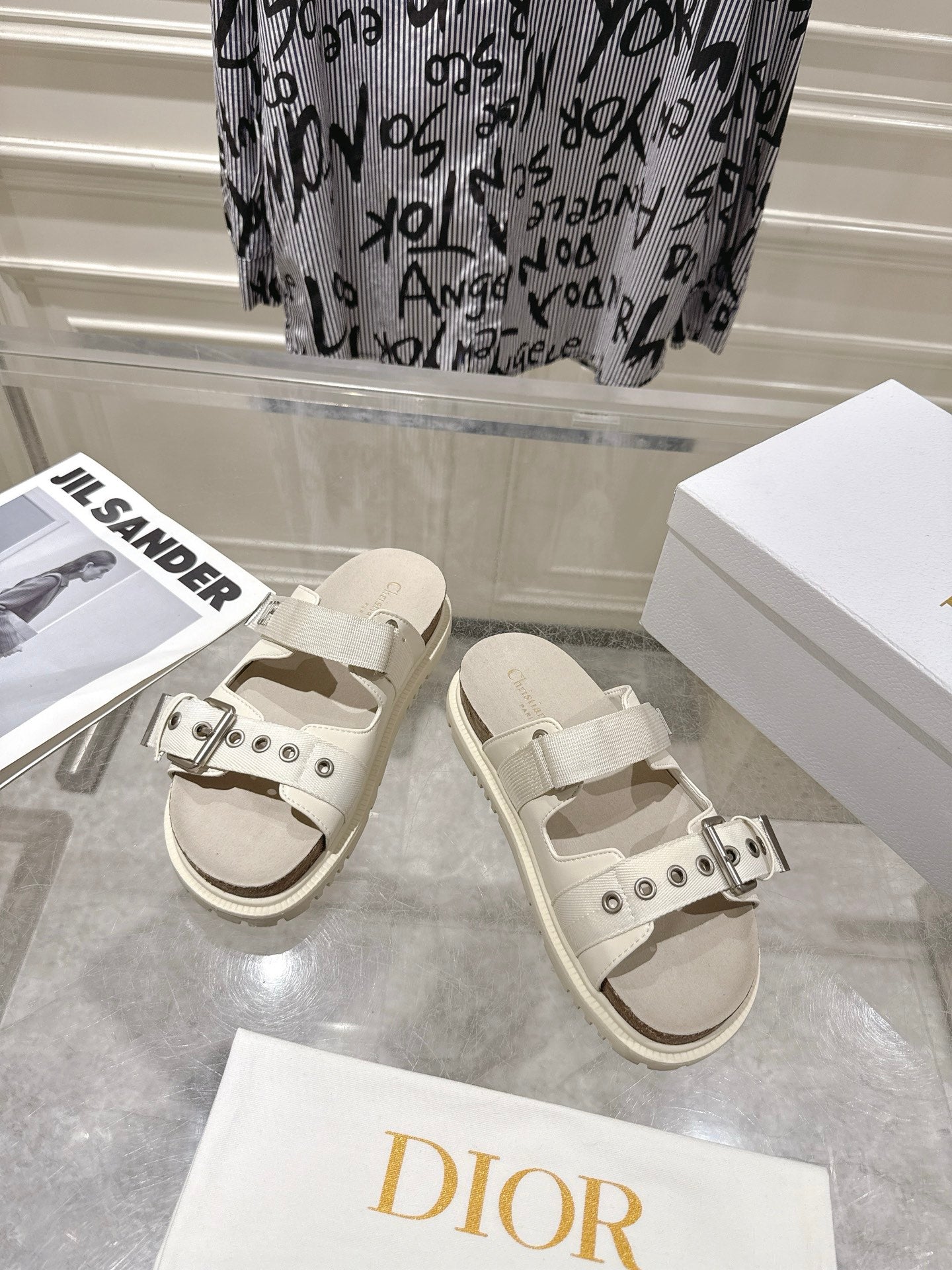 CD 26s Double-Strap Slide Sandals Cream Calfskin 919010