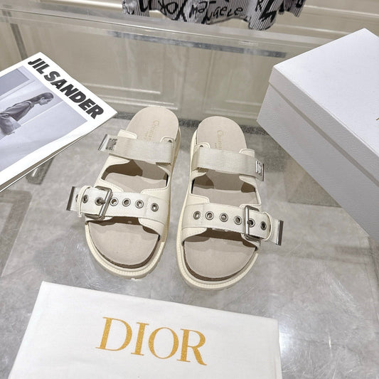 CD 26s Double-Strap Slide Sandals Cream Calfskin 919010