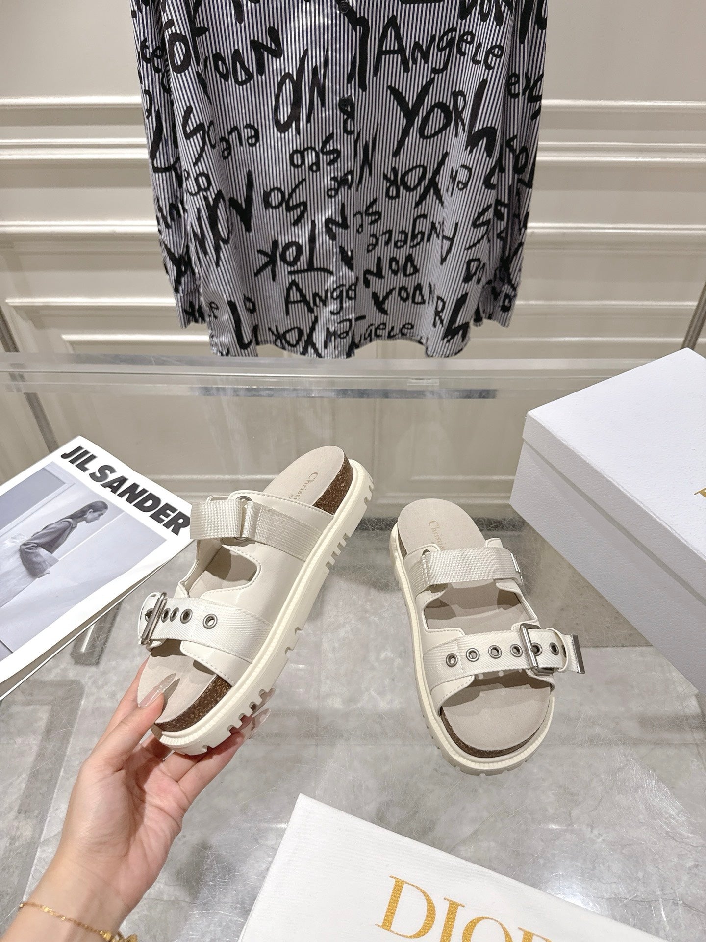 CD 26s Double-Strap Slide Sandals Cream Calfskin 919010