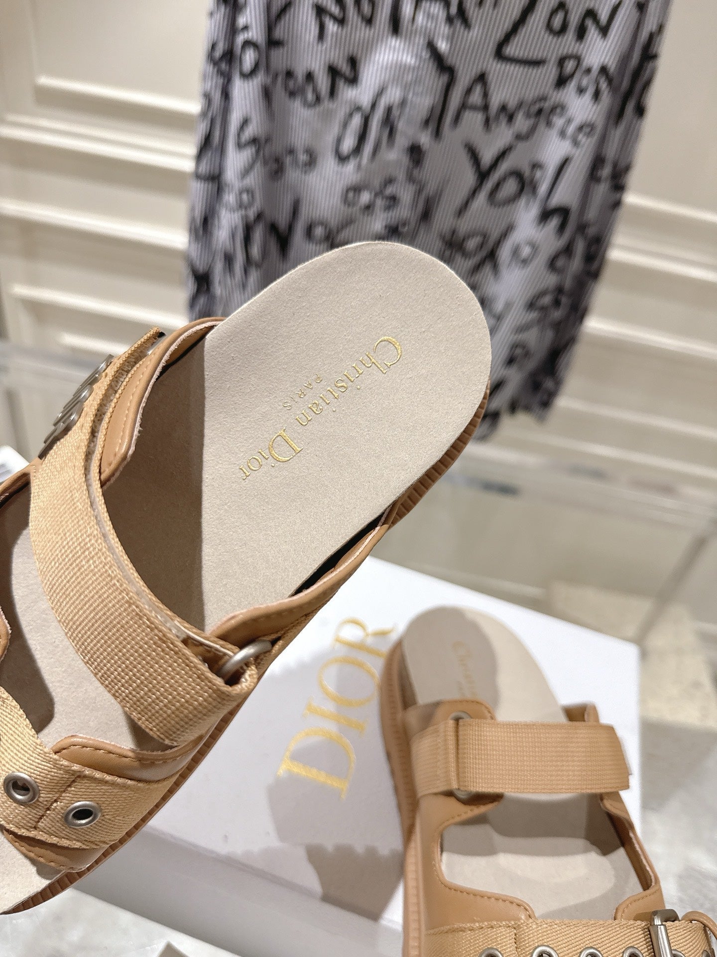 CD 26s Double-Strap Slide Sandals Khaki Calfskin 919015