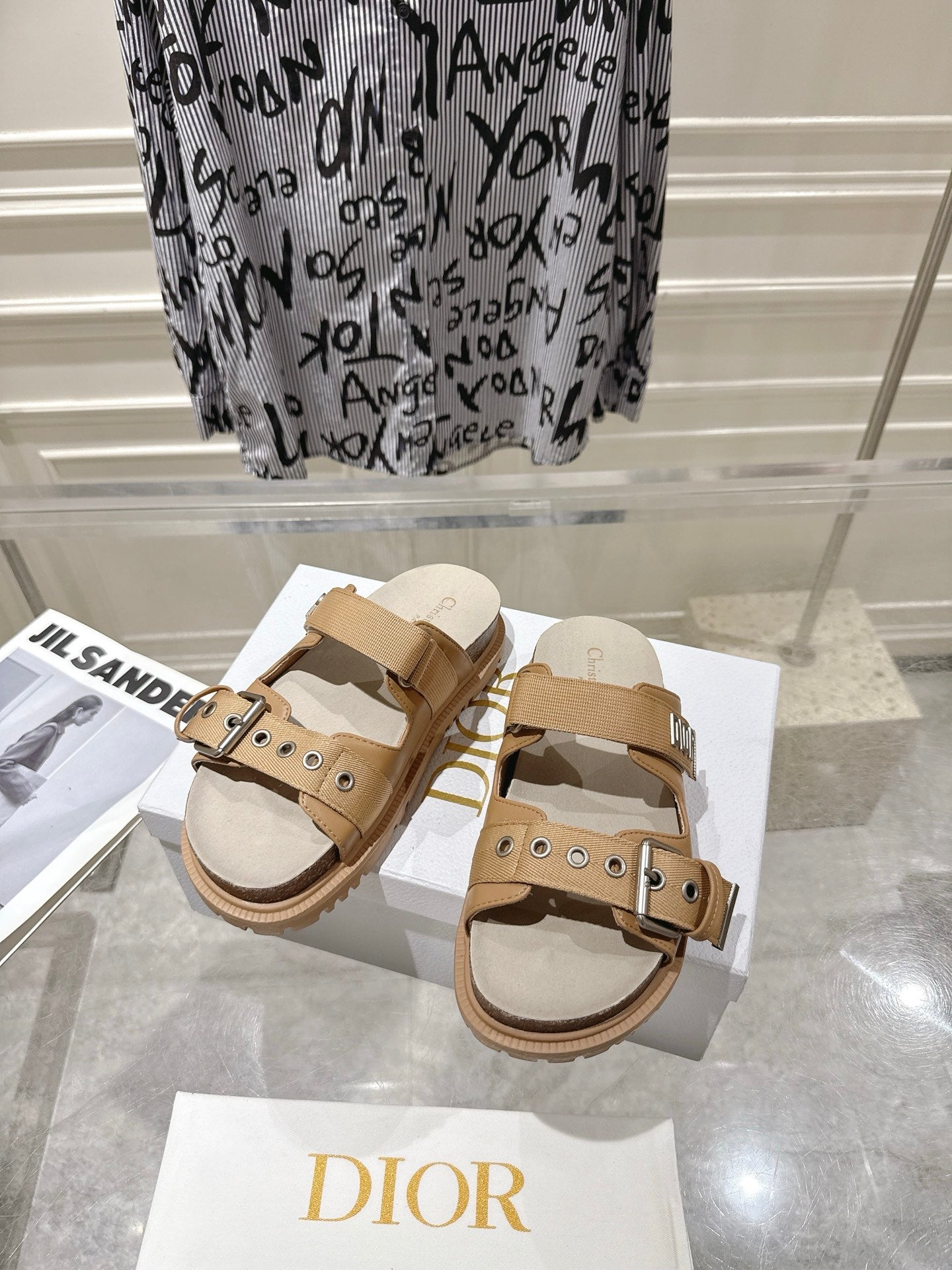 CD 26s Double-Strap Slide Sandals Khaki Calfskin 919015