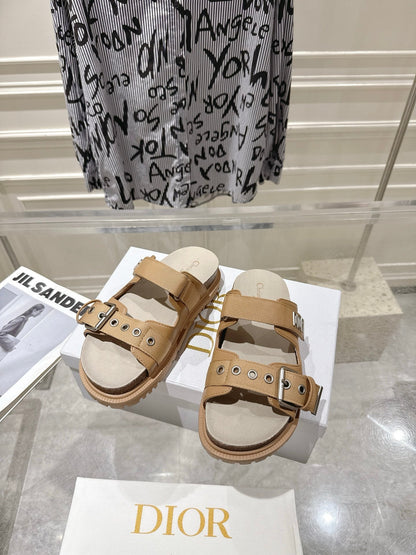 CD 26s Double-Strap Slide Sandals Khaki Calfskin 919015