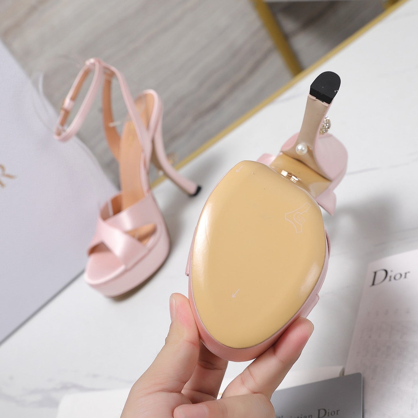 CD Pearl-Embellished High Heel Sandals 25s 115 Mm In Light Pink Satin