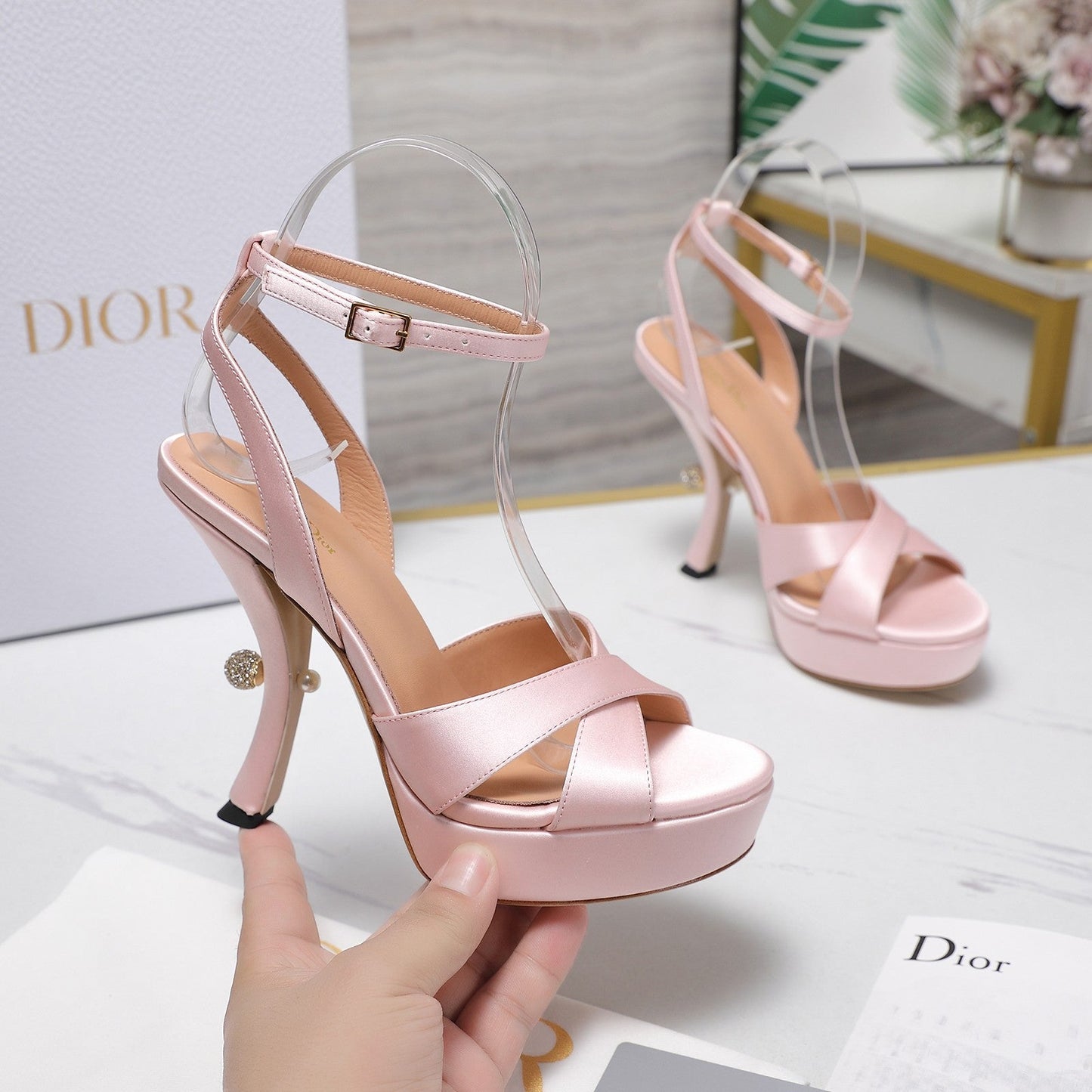 CD Pearl-Embellished High Heel Sandals 25s 115 Mm In Light Pink Satin