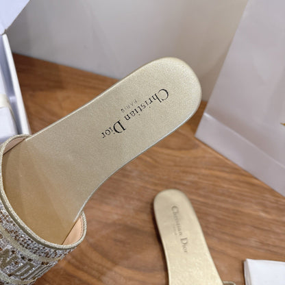CD 26s Embroidered Sandals Gold Champage  Canvas Leather 685616