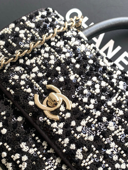 Chanel 2026 Top Handle Bag 19cm Black White Sequin Leather