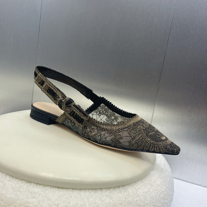 cd slingback flat transparent mesh embroidered black sun motif