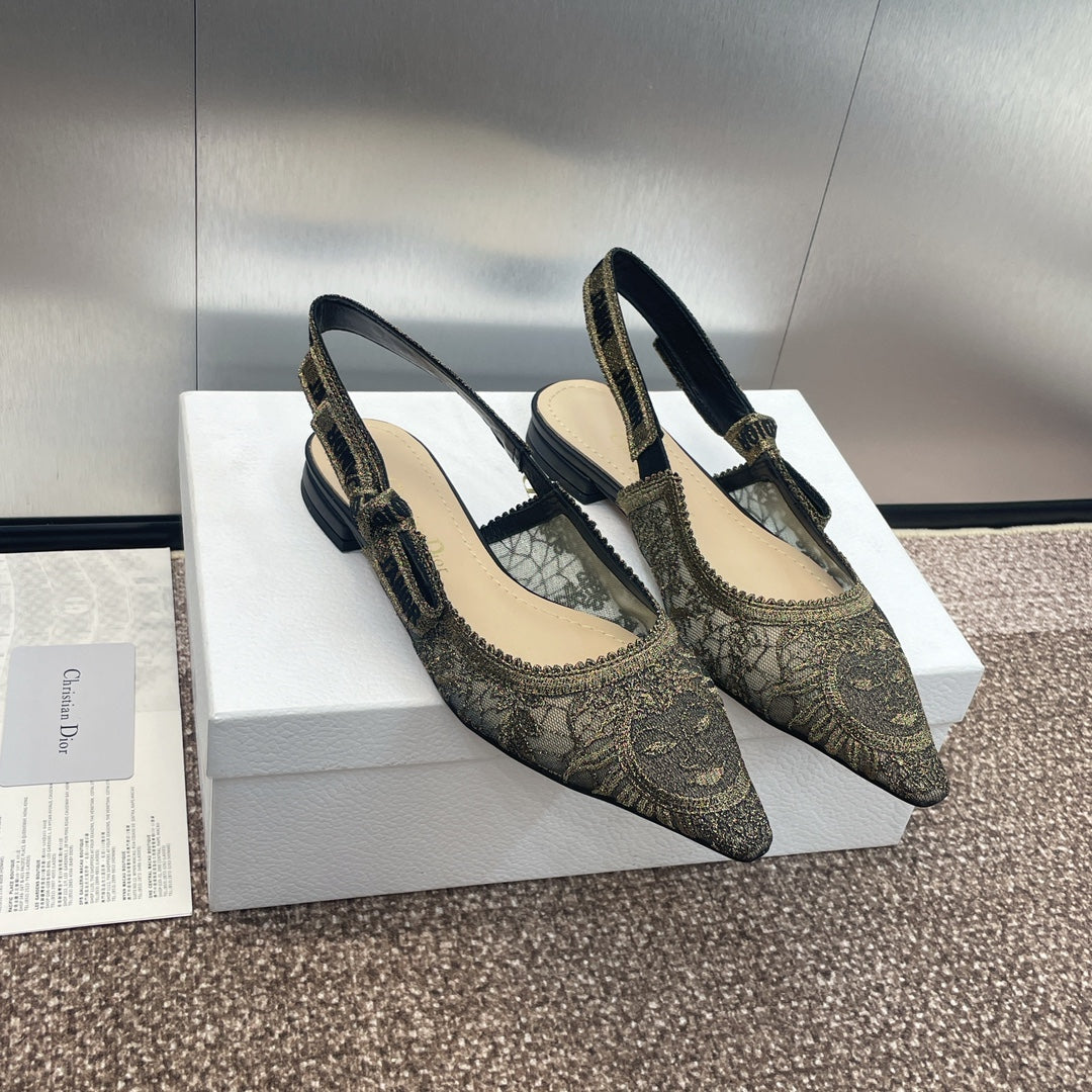 cd slingback flat transparent mesh embroidered black sun motif