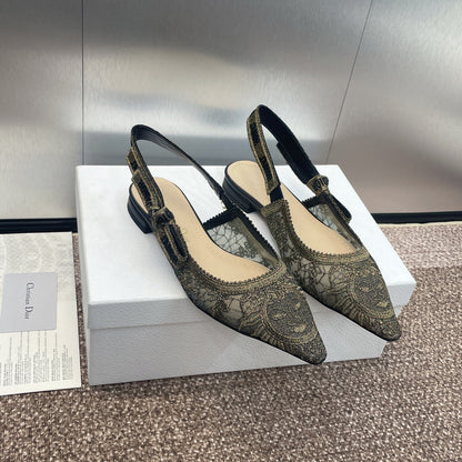 cd slingback flat transparent mesh embroidered black sun motif